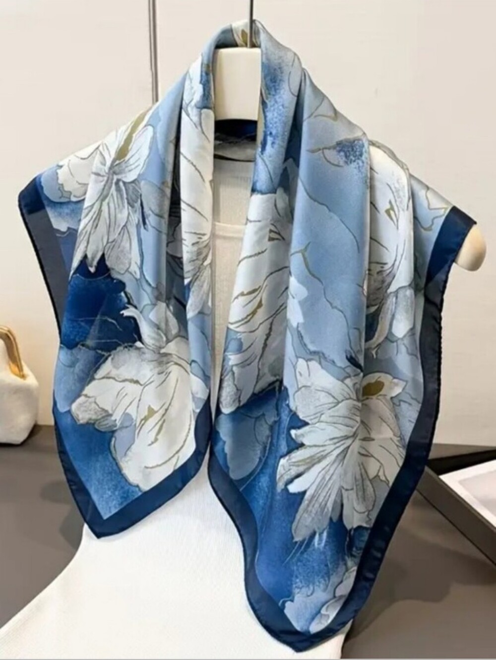 Blue Floral Silk Scarf - Elegant Women's Accessory